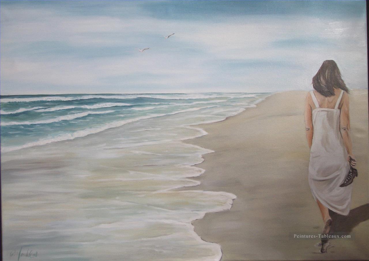 femme marche à la plage filigrane Peintures à l'huile